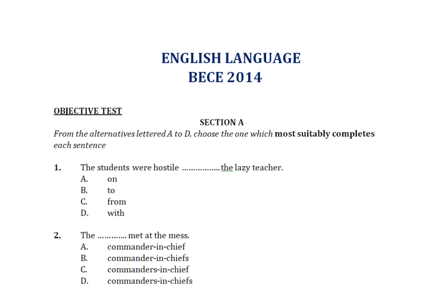 BECE 2014 English Language Past Question and Answers