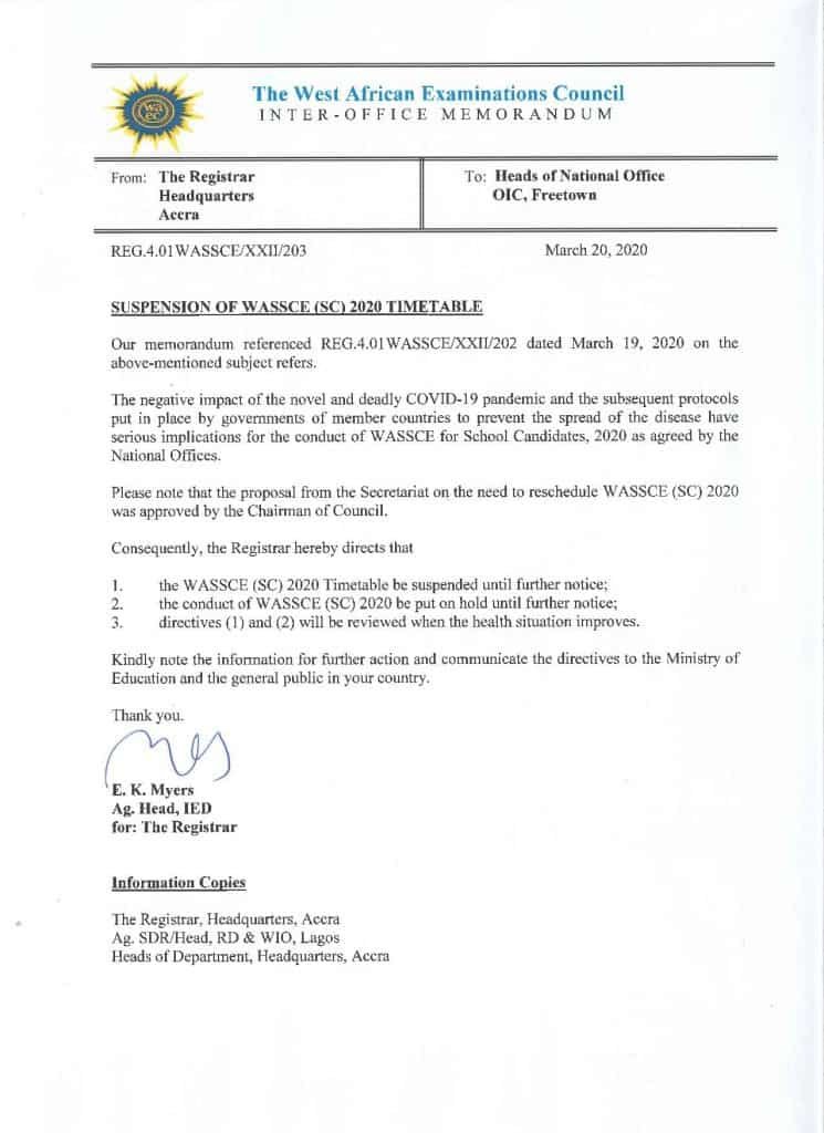 SUSPENSION OF WASSCE (SC) 2020