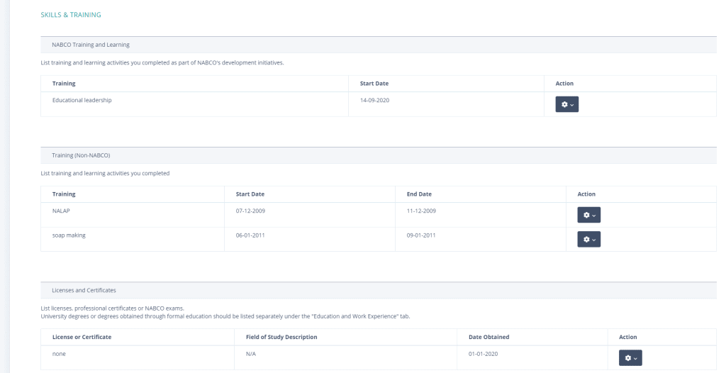 NABCO Skills and Training Tab of the Career pathways portal