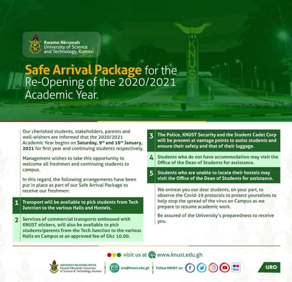 KNUST Safe Arrival Packages for the Re-Opening of the 20202021 Academic Year