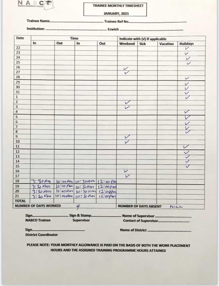 NABCO: How to Fill 'JANUARY 2021 TIMESHEET' as an Educate Ghana Trainee