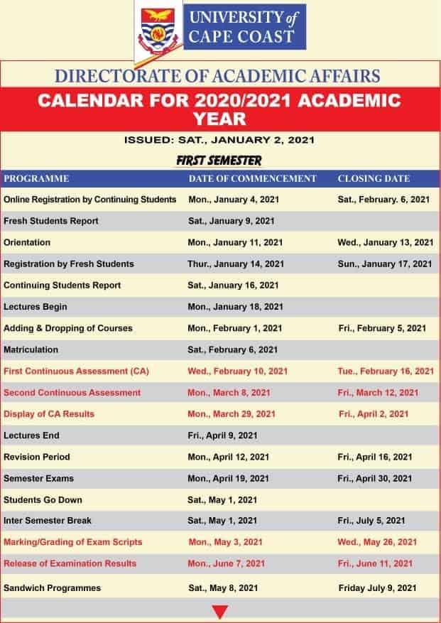 University of Cape Coast Releases Academic Calendar For 20202021