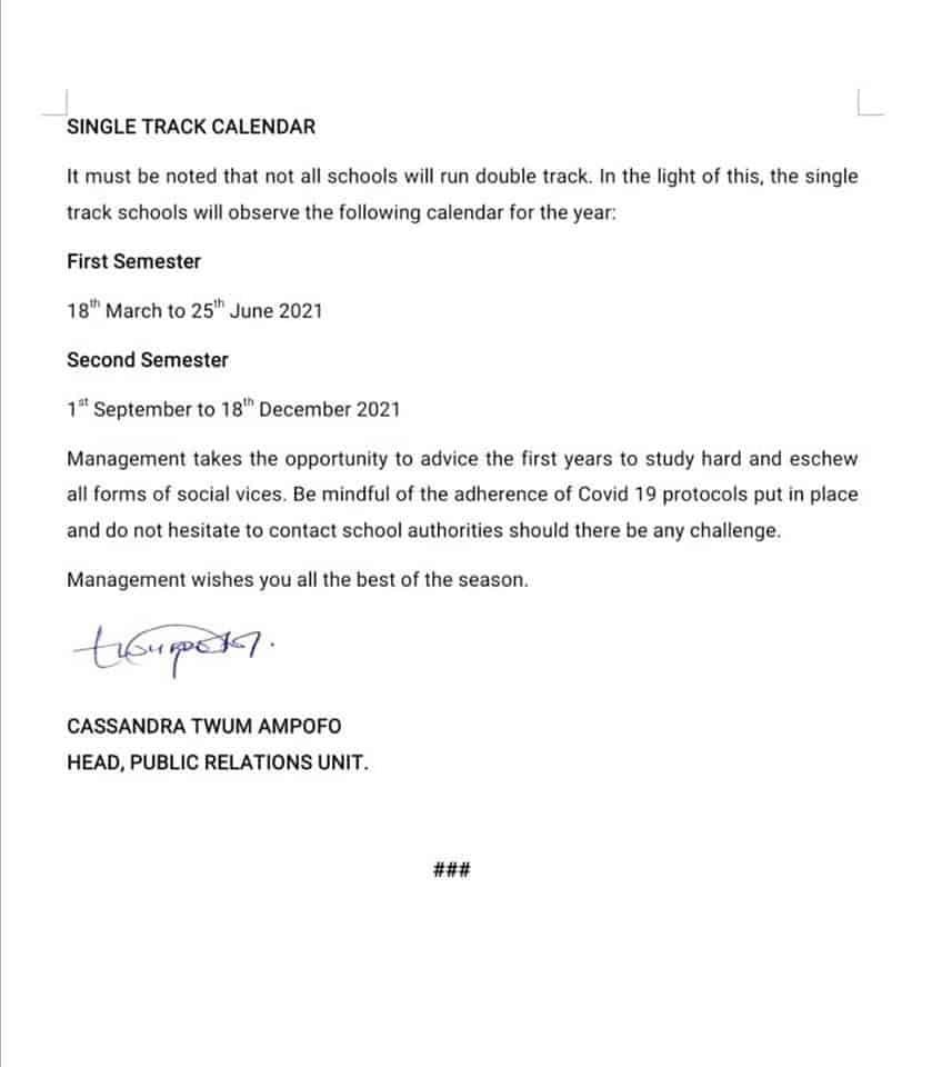 SHS 1 Students Calendar for the 2021 Academic with the Double and Single Tracks Schedules