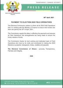 Electoral Commission to Begin Payment of Election 2020 Field Operatives