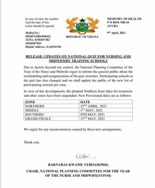 Update on National Quiz For Nursing And Midwifery Training Schools