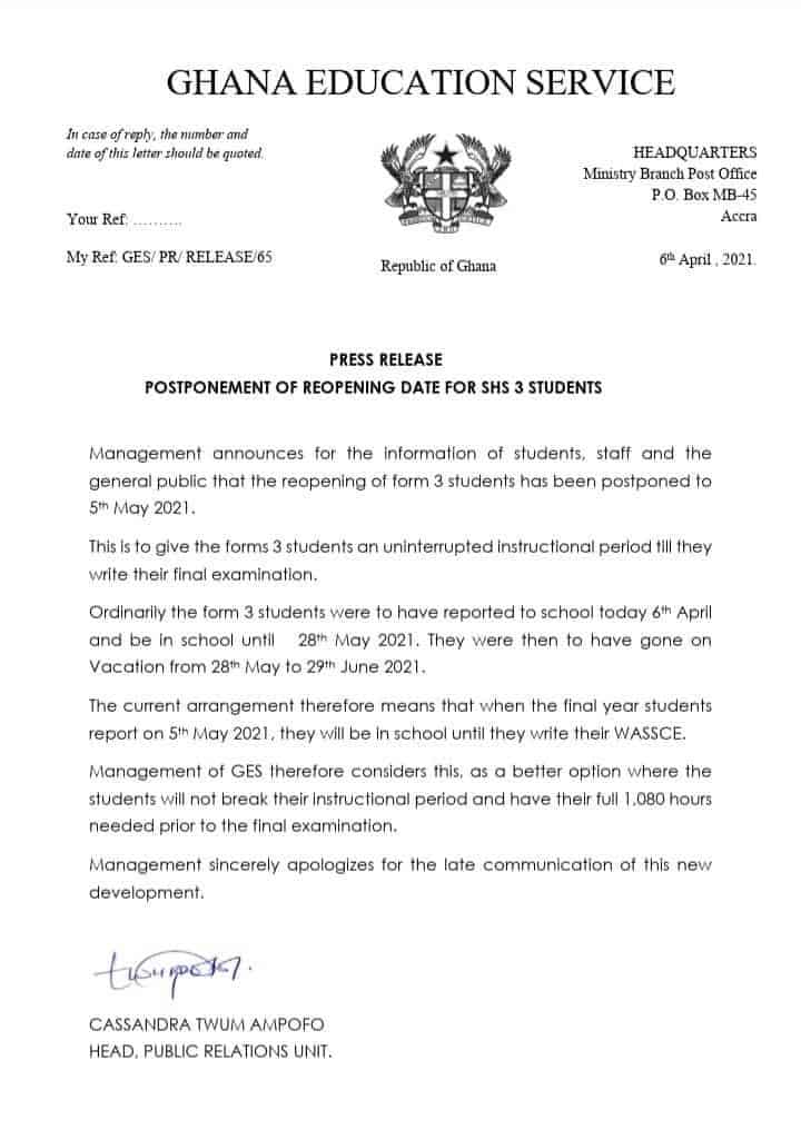 GES Official Statement on the Postponement of SHS 3 Students Reopening Date