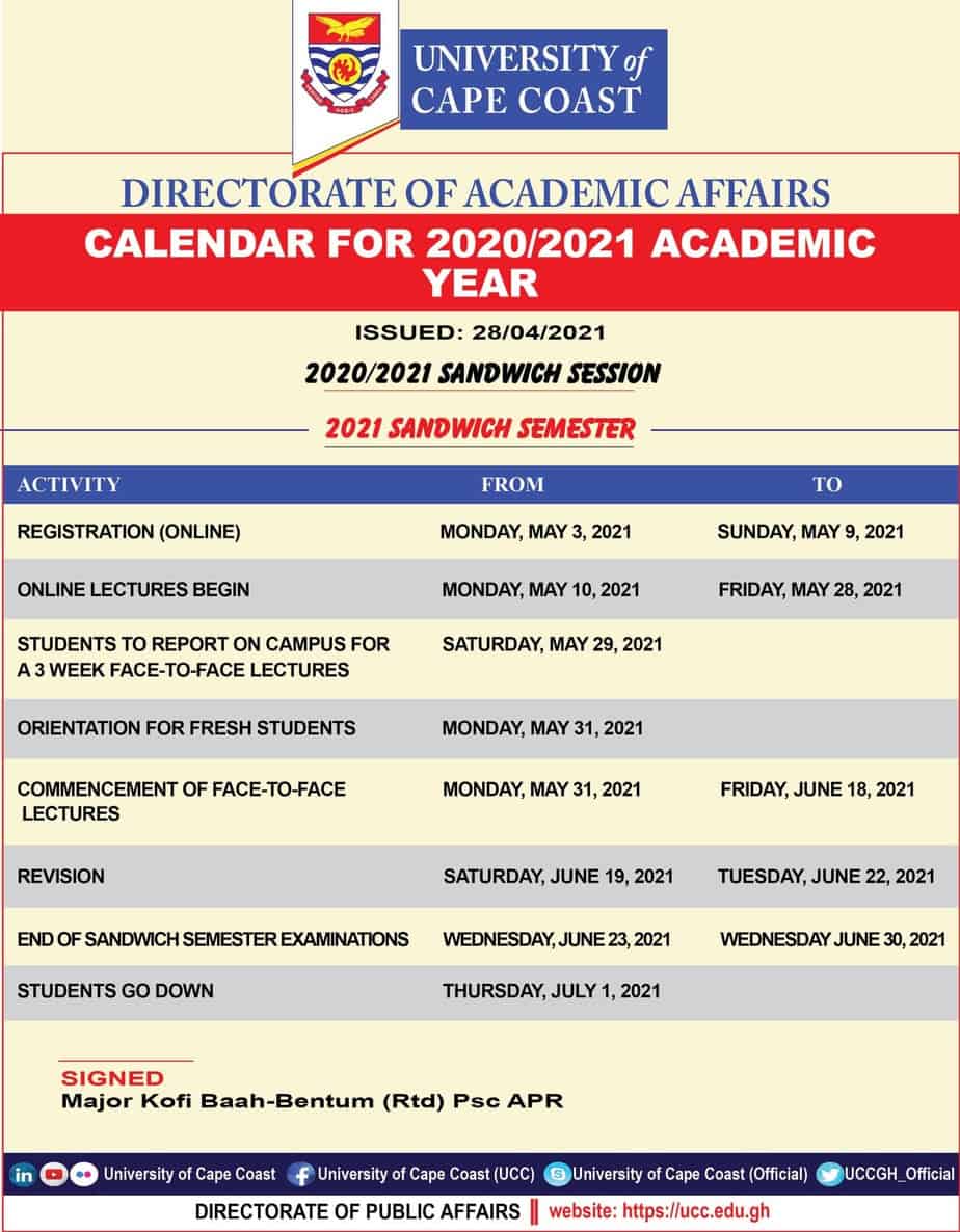 UCC Sandwich Calendar For the 2020/2021 Academic year Dates Schedules