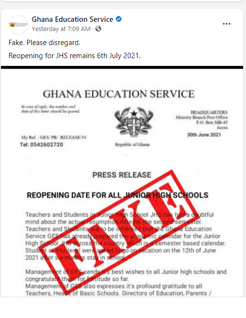 GES Reopening for JHS Remains 6th July 2021