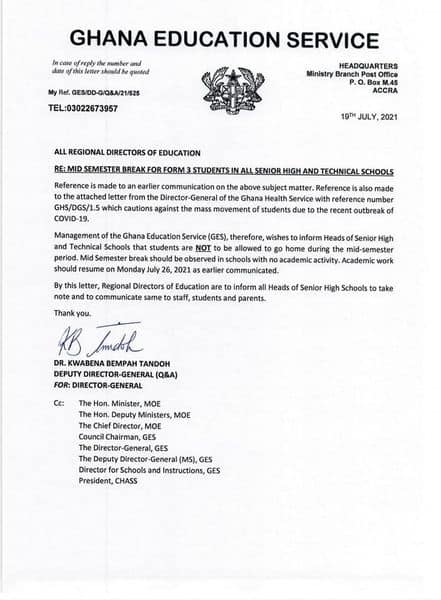 Mid semester break for SHS 3 students should be observed in the schools