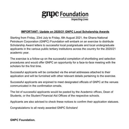Update on 20202021 GNPC Local Scholarship Awards - Check your Statuses