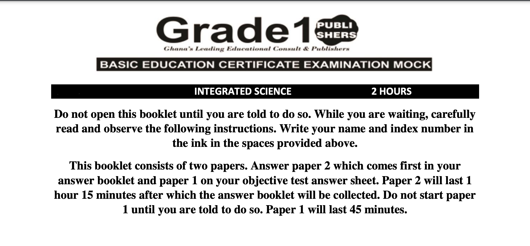 Grade one Publisher BECE Integrated Science July 2022 Mock Questions PDF