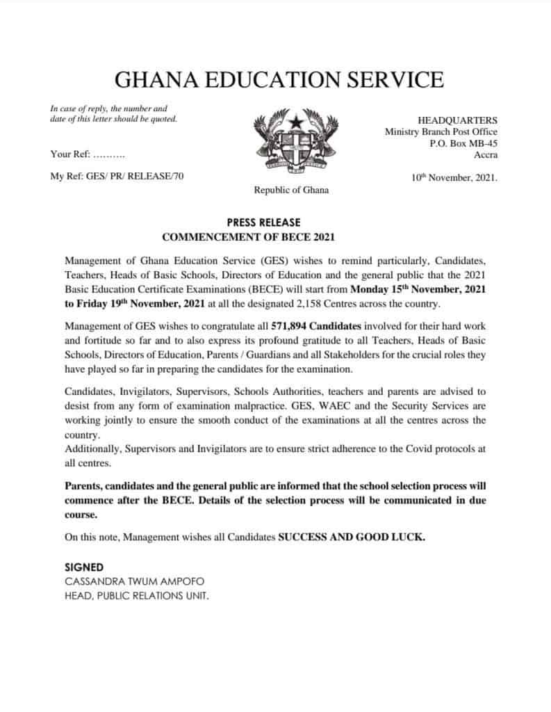 GES Update on The Commencement of BECE 2021