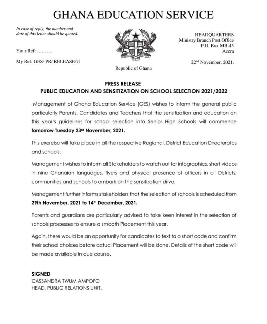 GES Notice to All BECE Students on 2021 Senior High School Selection