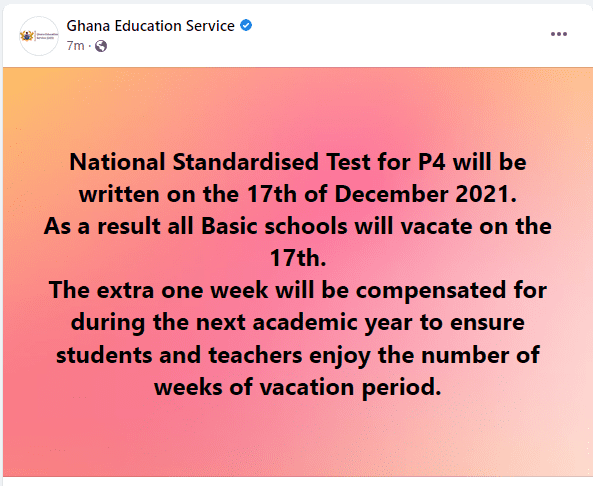GES New Vacation Date For Basic Schools