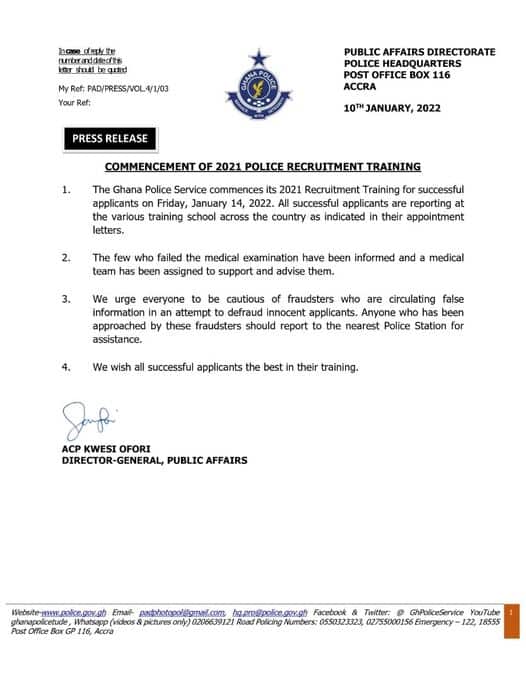 Update On Commencement of 2021 Police Recruitment Training