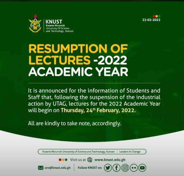 Notice Resumption of Lectures - 2022 Academic Year