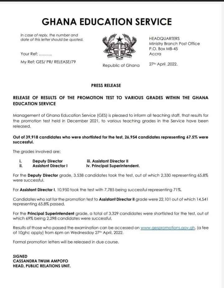 GES: Update on the Release of Promotions Test Results For Various Grades