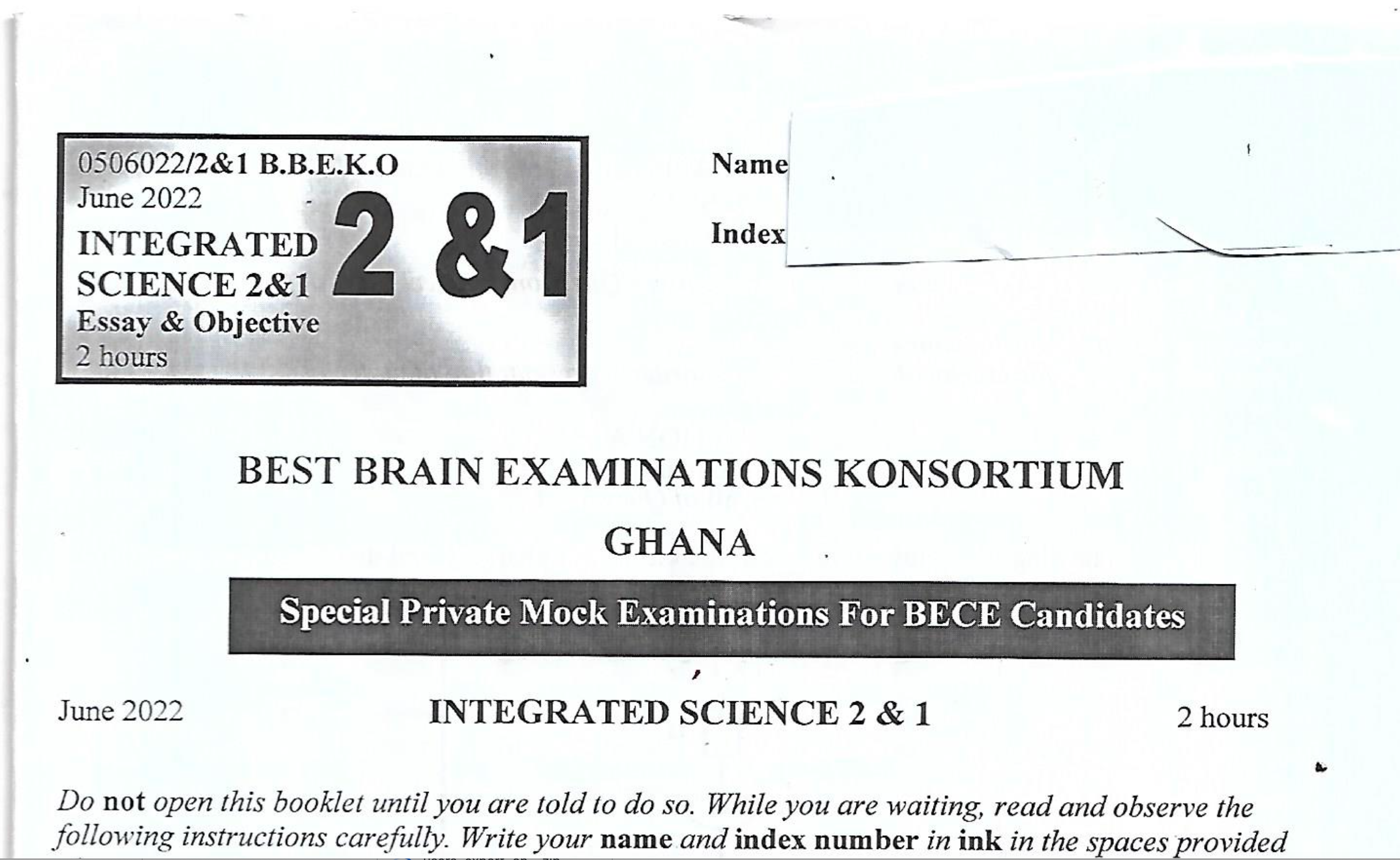 Best Brain June 2022 Integrated Science Questions & Marking Scheme