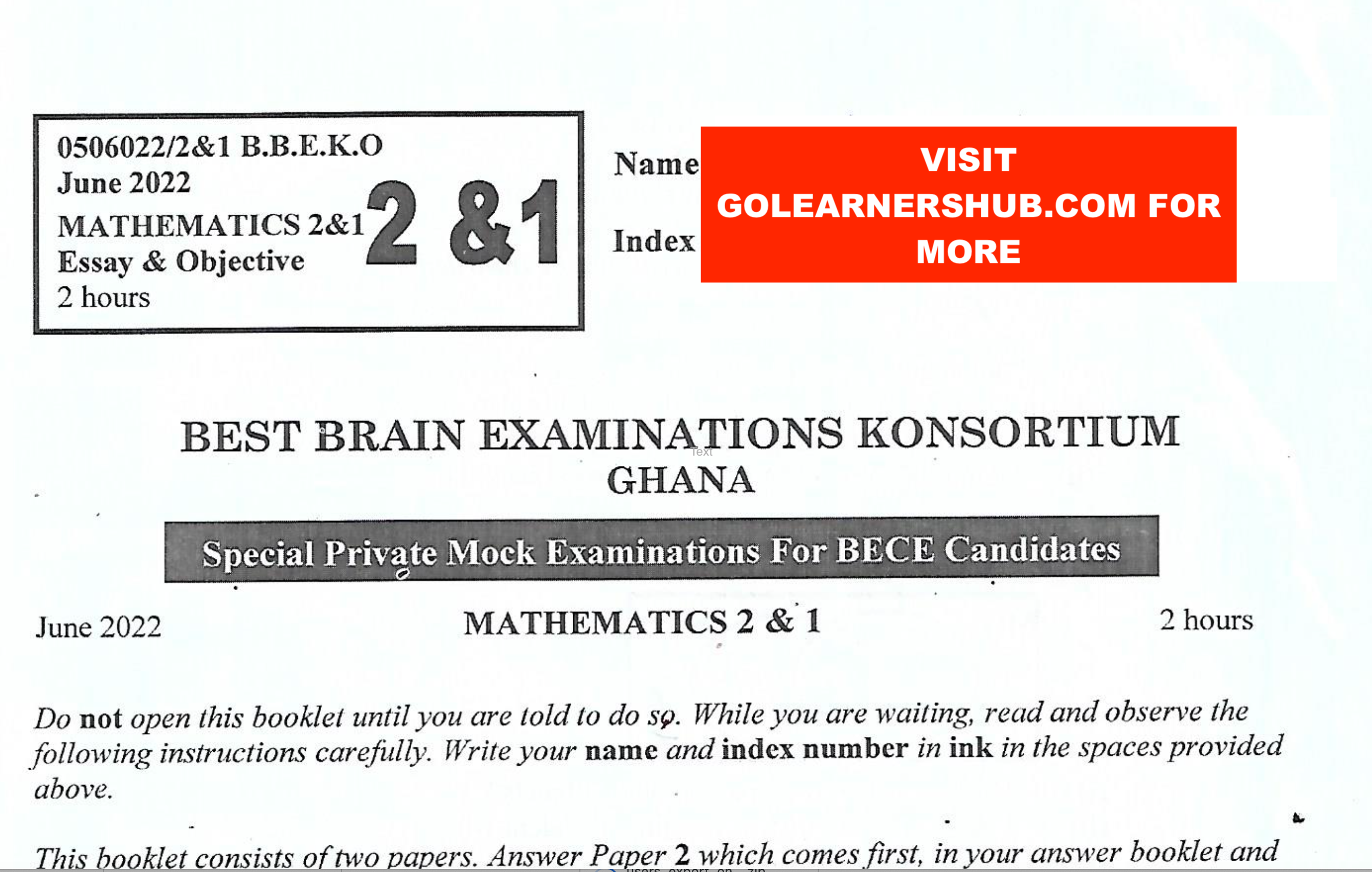 Best Brain June 2022 Mathematics MocK Questions & Marking Scheme