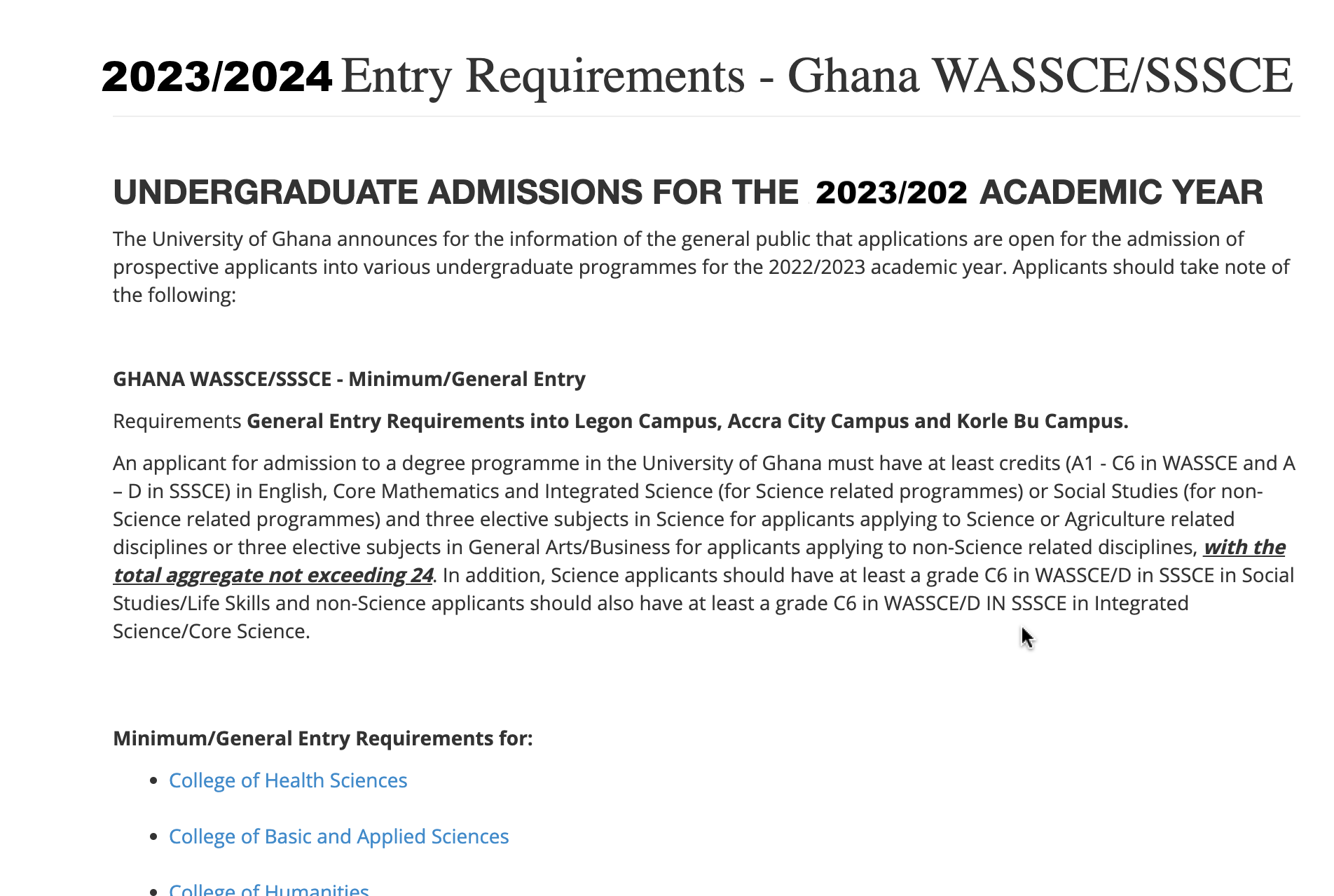 University of Ghana (UG) Admission Requirements 2023/2024
