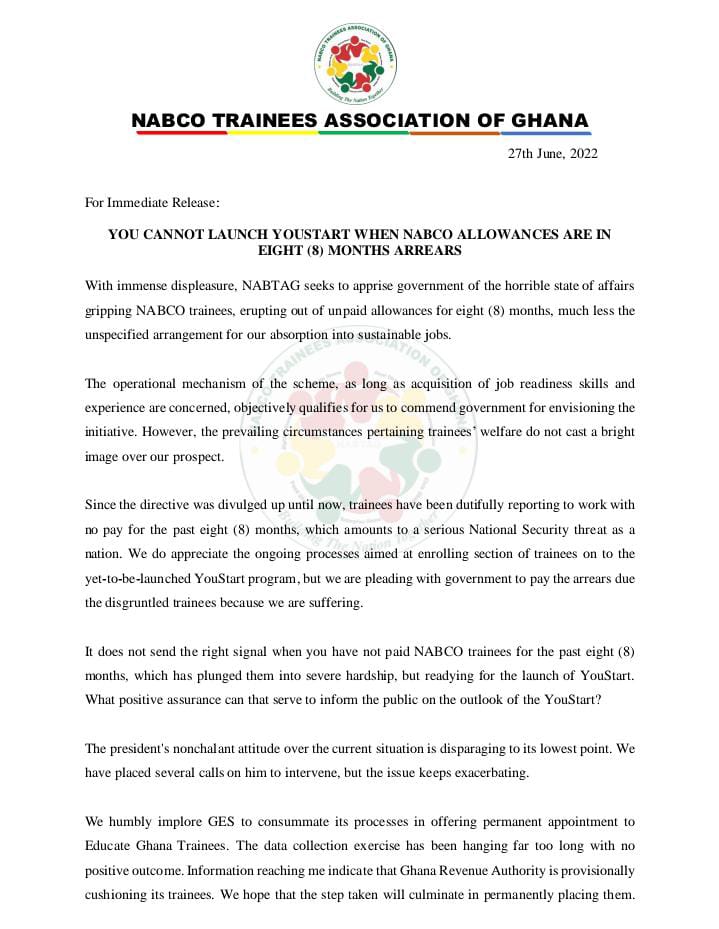 YOU CANNOT LAUNCH YOUSTART WHEN NABCO ALLOWANCES ARE IN EIGHT (8) MONTHS ARREARS