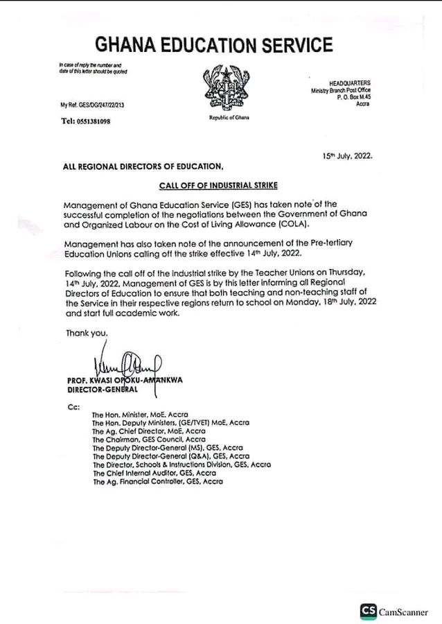 GES Official Update On COLA Strike - 15th July 2022