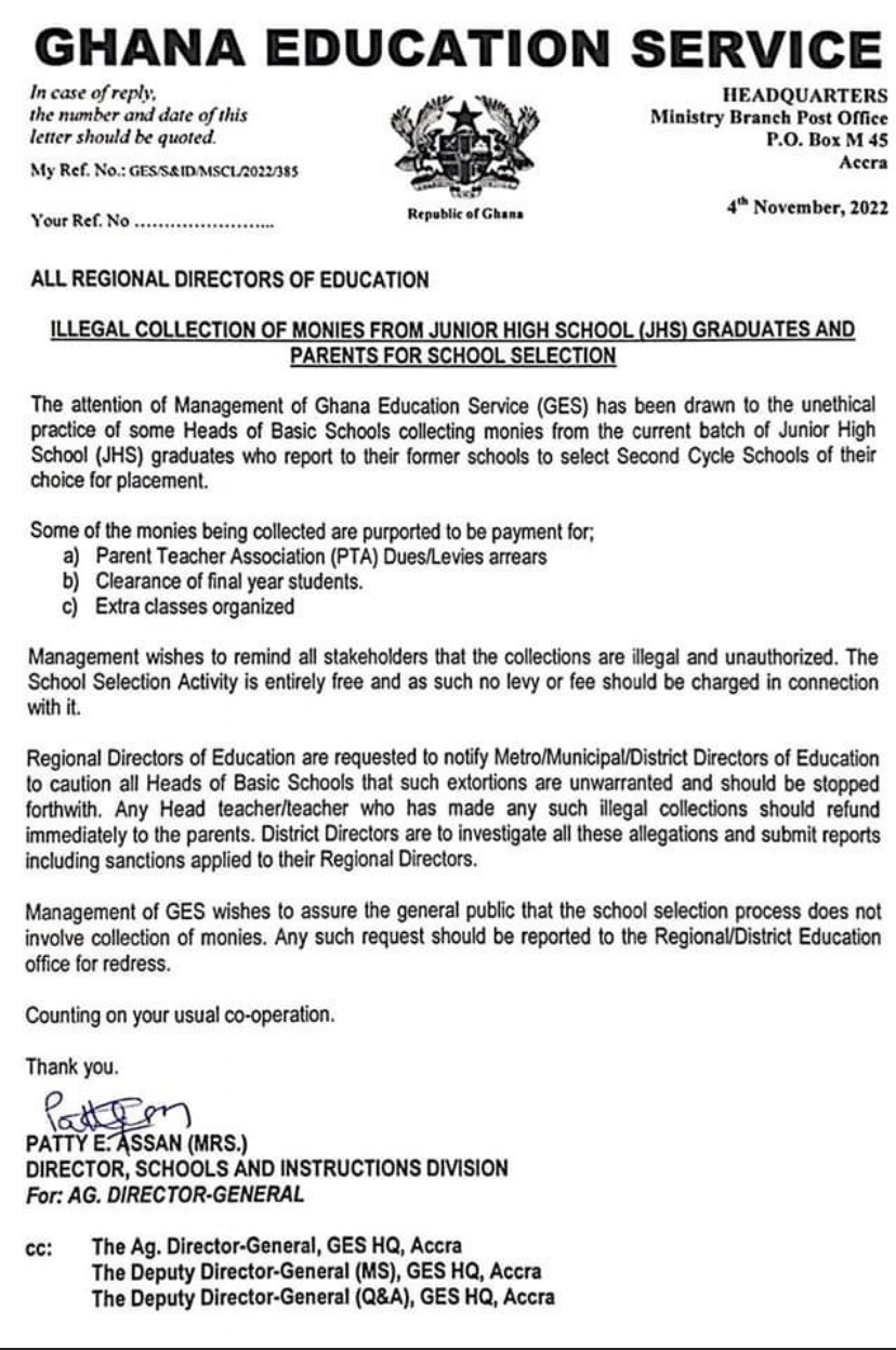 GES: Update on ILLEGAL Collection of Monies From JHS Graduates For School Selection