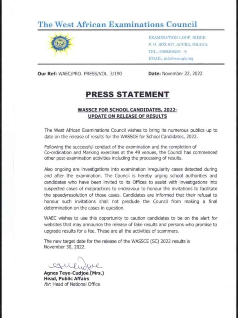 Waec New Update on Release of 2022 WASSCE Results - 23 November, 2022