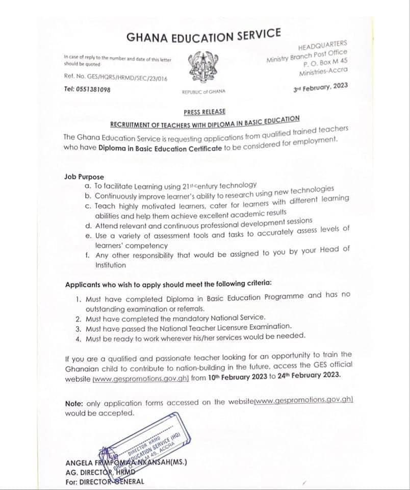 Update On GES Recruitment of Teachers in 2023