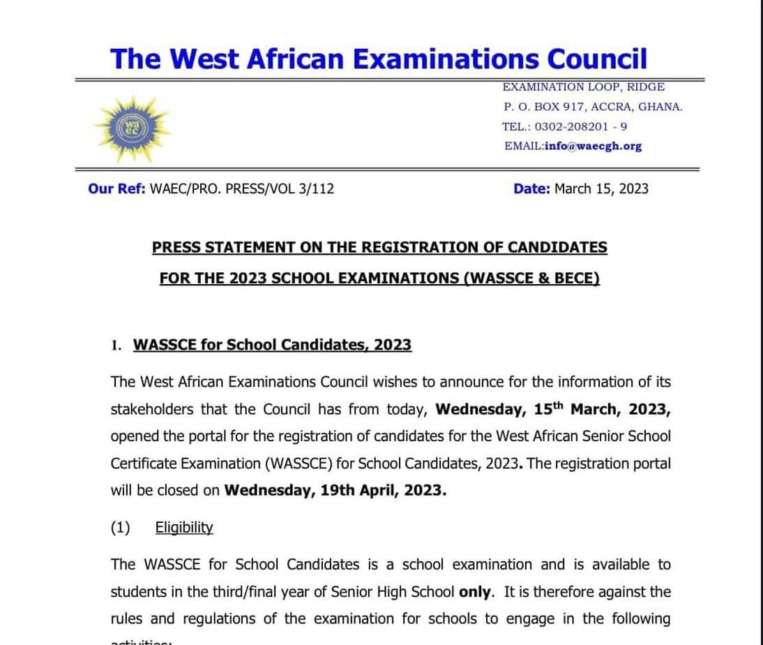 WAEC Ghana | Update On Registration Of WASSCE & BECE 2023 Candidates