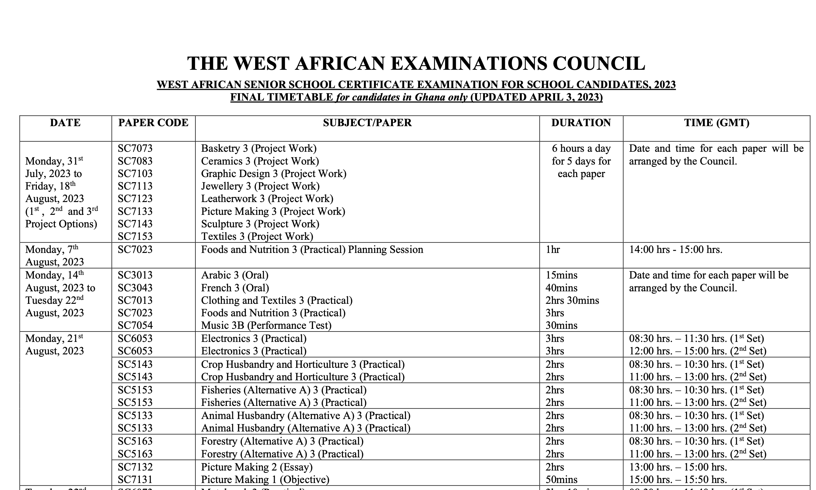 Wassce 2023 Timetable For School Candidates Now Out, Download Here