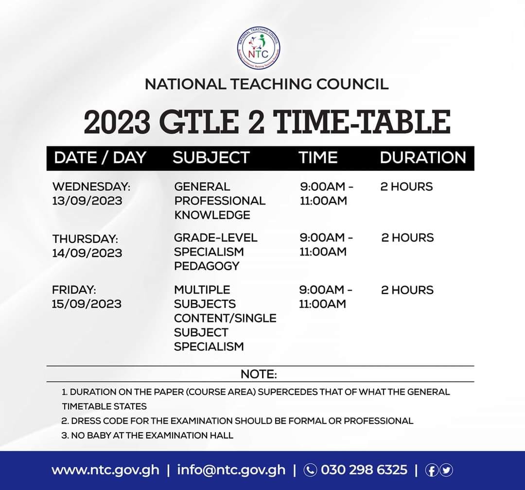 Timetable For 2023 Ghana Teacher Licensure Examination (GTLE) II - September 13th 2023