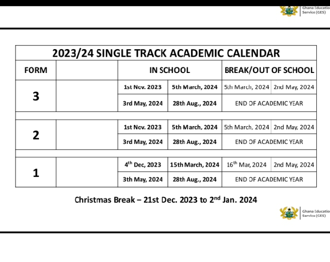 2023/2024 Academic Calendar For Schools with SHS 1 and 2 Running Double