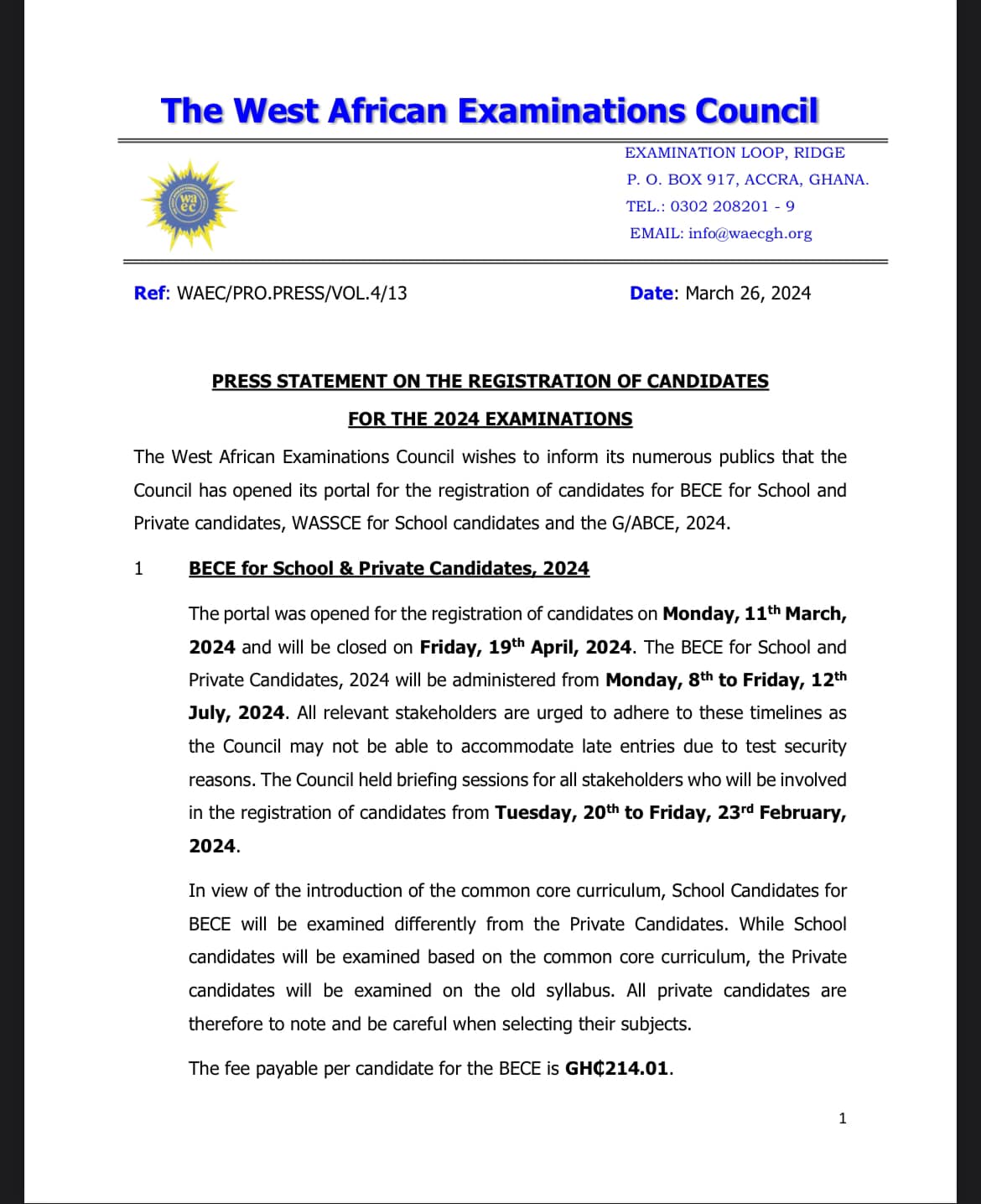 Update on 2024 Registration of BECE Candidates - March 2024