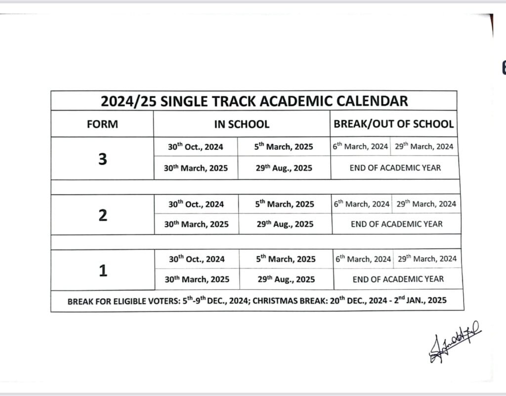 Single Track Academic Calendar for Pre Tertiary schools. 2024-2025