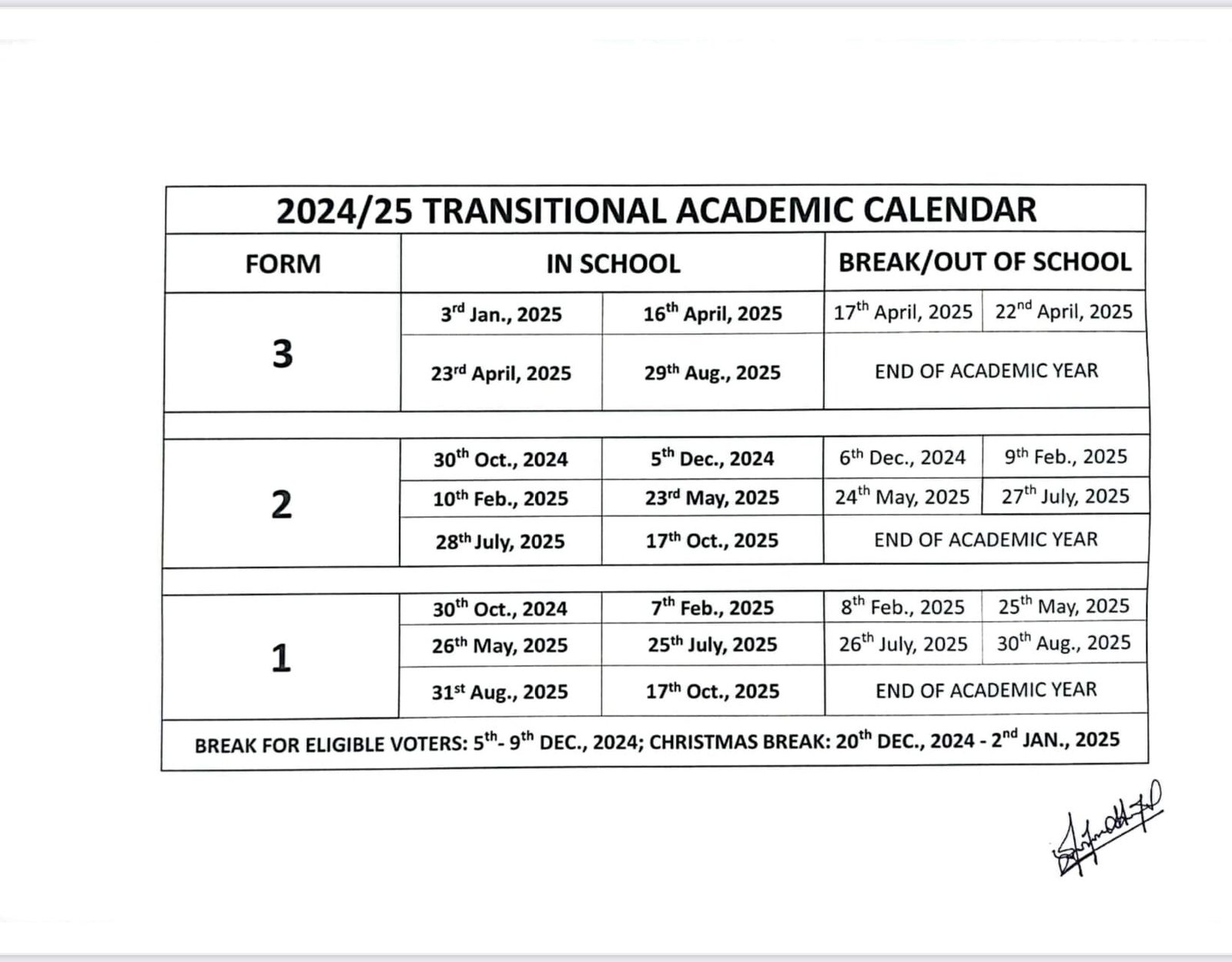 Transitional Academic Calendar for Pre Tertiary schools. 2024-2025