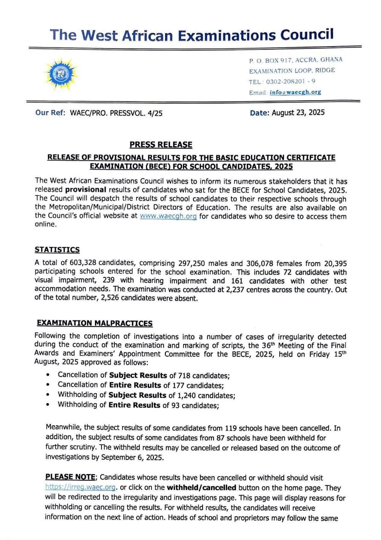 BECE 2025 Provisional Results Released Date - 23 August , 2025