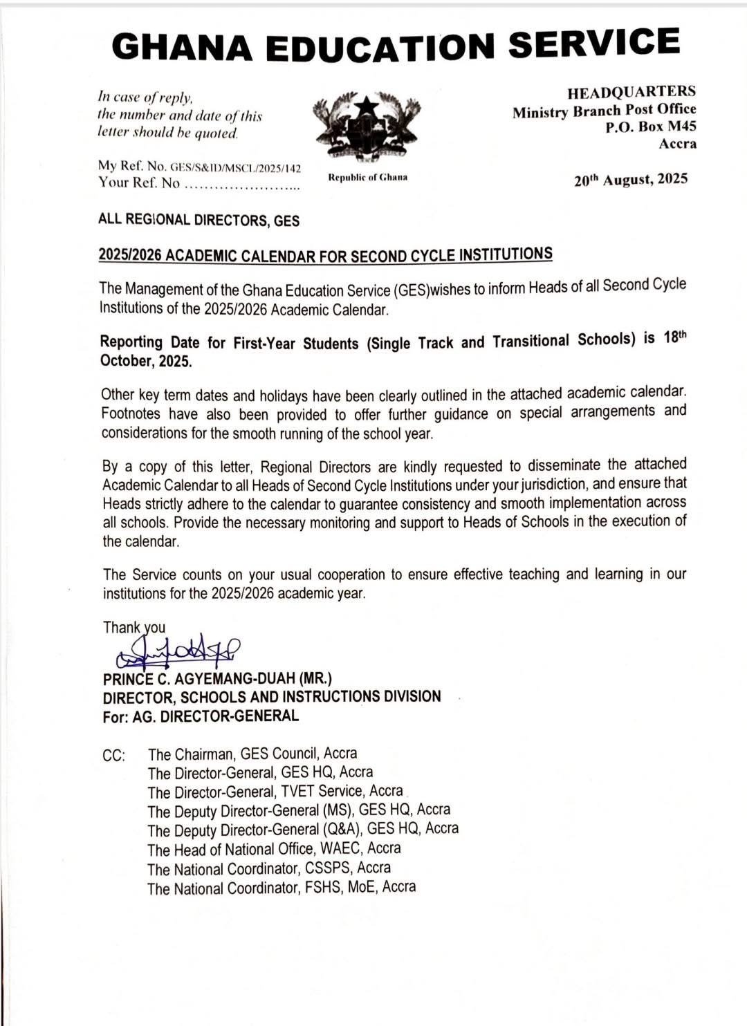 2025-2026 SHS Academic Calendar for Second Cycle Institutions in Ghana